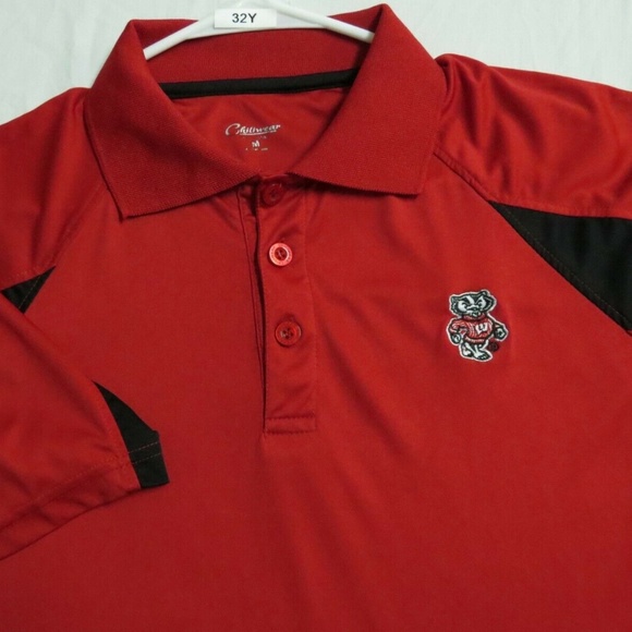 Sz M Red Wisconsin Badgers Mens Polyester #EE Golf Polo Shirt - Picture 3 of 6